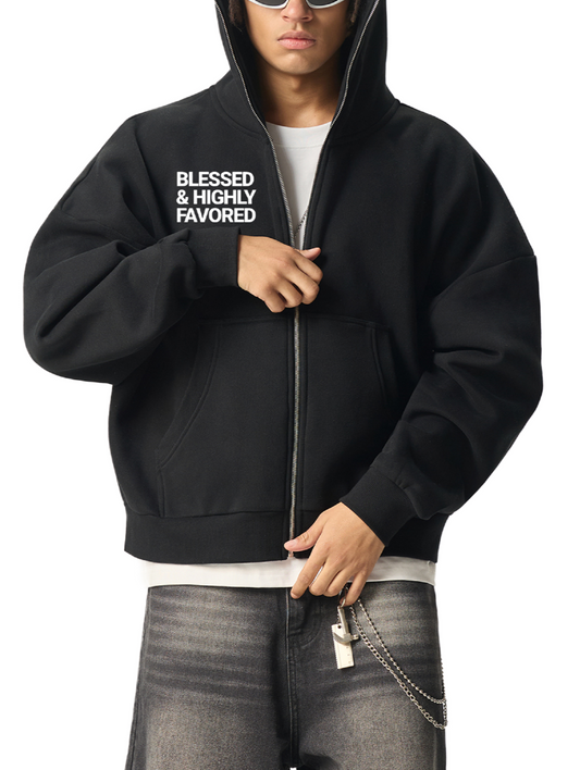 Blessed and Highly favored - Fleeced Full-Zip Boxy Hoodie