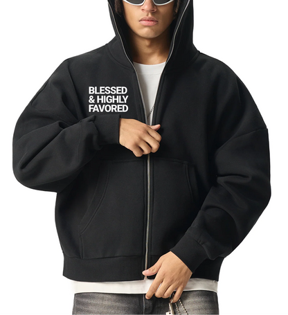 Blessed and Highly favored - Fleeced Full-Zip Boxy Hoodie